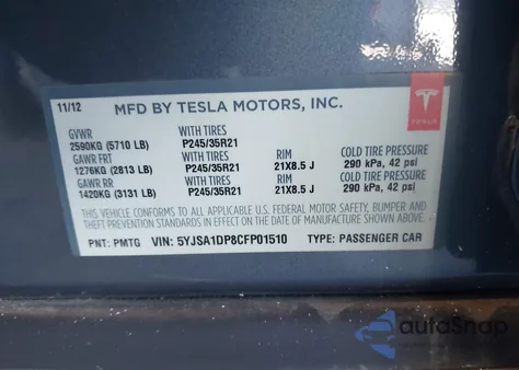 2012 Tesla Model S Performance/Signature Performance из США, поврежденный, VIN 5YJSA1DP8CFP01510